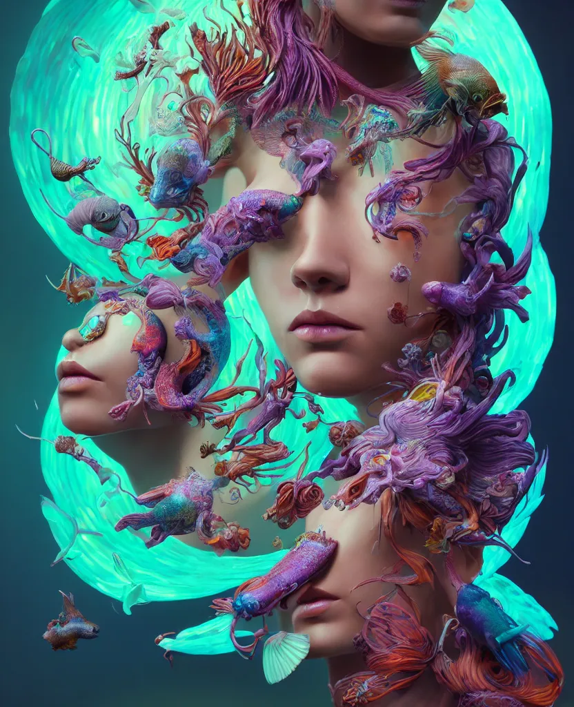 Image similar to goddess full color painted acryllic sculpture close-up portrait. orchid bird phoenix head, nautilus, skull, betta fish, bioluminiscent creatures, intricate artwork by Tooth Wu and wlop and beeple. octane render, trending on artstation, greg rutkowski very coherent symmetrical artwork. cinematic, hyper realism, high detail, octane render, 8k