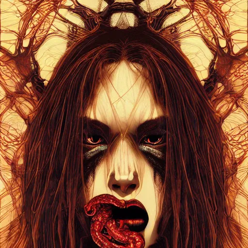 Image similar to x - ray portrait closeup of dark beautiful woman with snakes from her mouth, symmetrical, glitches, by yoichi hatakenaka, masamune shirow, josan gonzales and dan mumford, ayami kojima, takato yamamoto, barclay shaw, karol bak, yukito kishiro