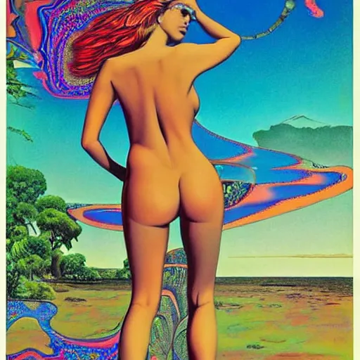 Prompt: big posterior of beautiful plump woman with a big rump by roger dean white cotton bikini psychedelic illusionary art psychedelic trippy gorgeous beautiful