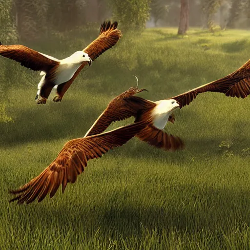 Prompt: Four eagles chasing a fox in a park, photorealistic, unreal engine