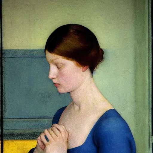 Image similar to close up of a girl in a blue and gold haunted liminal abandoned room, film still by edward hopper, by Pontormo, by klimt, pre-raphaelite, art noveau, highly detailed, strong lights, liminal, eerie, Bright pastel colors
