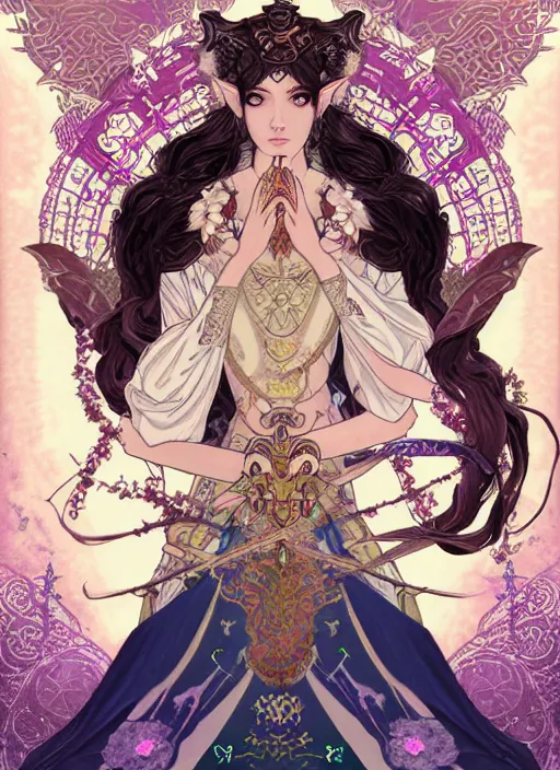 Image similar to the Empress tarot card art nouveau beautiful full body dark fantasy Legend of Zelda breath of the wild, blackpink lisa+smoky eyes+front face with light flowing hair, ultradetail face, art and illustration by CASIMIR ART and tian zi and craig mullins and Ayami Kojima and WLOP and alphonse mucha, fantasy, intricate complexity, human structure, human anatomy, fantasy character concept, watermark, blurry, hyperrealism 8k