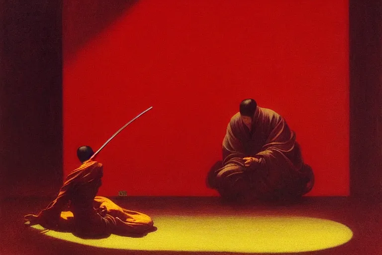 Image similar to only with red, a red samurai harakiri, tokio, a lot of frogs watch, in the style of beksinski, parts by edward hopper, parts by rodcenko, parts by yue minjun, intricate and epic composition, red by caravaggio, insanely quality, highly detailed, masterpiece, red light, artstation, 4 k