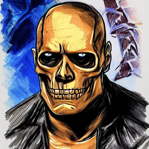 Prompt: a sketch of a two - faced dwayne johnson as ghost rider, right face showing skull, gta cover art