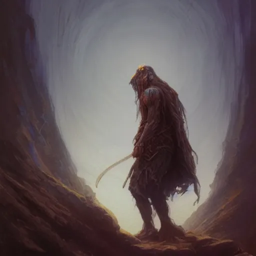 Prompt: frontal portrait painting in the style of artstation of a druid standing alone at the beginning of time by greg rutkowski and alan lee and brian froud