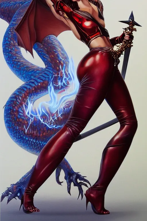 Prompt: a realistic airbrush painting of a nice looking girl with beautiful forms and skin-tight shiny leather leggings fighting a giant, flames spitting dragon with her sword, in style by hajime sorayama and boris vallejo, trending on artstation, 4K