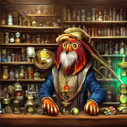 Prompt: Anthropomorphized parrot trader in his shop, shelves full, selling a gem, portrait, items, magic potions, window, warm lamp, fancy hat, sly expression , cunning expression, cute expression, presenting magic gem, D&D, fantasy, cinematic lighting, highly detailed, digital painting, artstation, concept art, smooth, sharp focus, illustration, warm light, cozy warm tint, magic the gathering artwork, volumetric lighting, 8k, no gold, no gold colours, art by Akihiko Yoshida, Greg Rutkowski