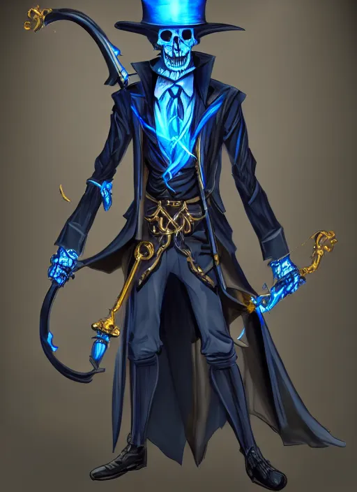 Prompt: DND character art, skeletal male figure, wearing a deep black suit!!! and tie and top hat, holding a gold! cane!, blue flames in background, blue flames