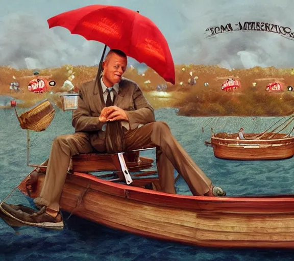 Image similar to Tom hanks as forrest gump sitting in a giant shrimp boat, majestic beautiful world, digital art, amazing detail, artstation, in the style of maurice sendak