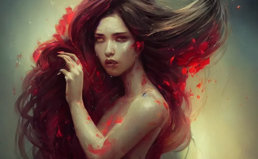 Image similar to a painting of jasmine trending on artstation in the style of greg rutkowski, beautiful, sensual, flower, portrait, adorable, alter, hell, fire hair