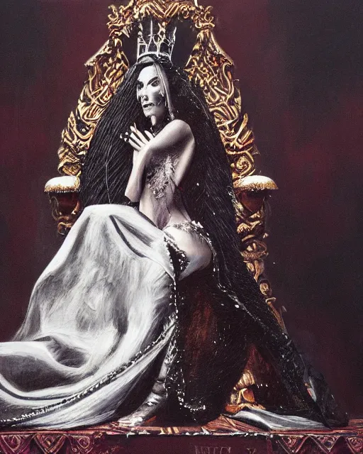Image similar to an illustration of a dark queen on a throne at night by jose alsina, realistic, detailed, oil painting, 1 9 th