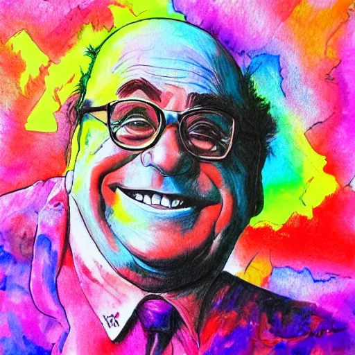 Image similar to a childrens drawing of danny devito, crayon art, watercolor, markers, high quality, high resolution