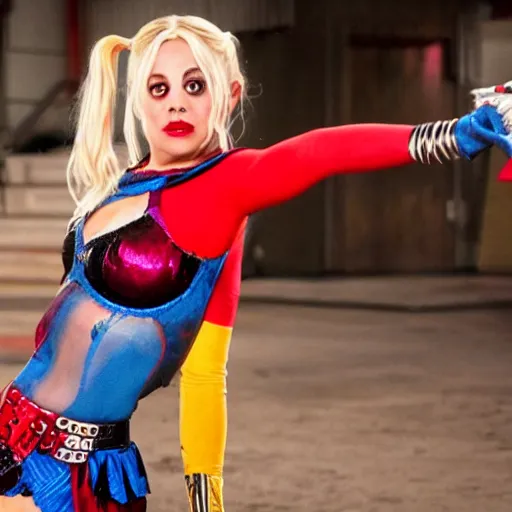 Image similar to A still of Kaley Cuoco as Harley Quinn