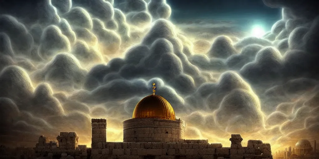 Image similar to hidden imagery floating temple in the sky incredible digital art optical illusion, superb detailed clouds shaped like the second temple in jerusalem, over the ruins of old jerusalem, awe inspiring, masterpiece surrealism, digital art trending on artstation awesome award winning