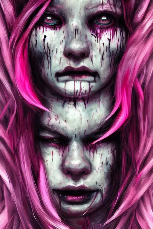 Prompt: portrait of a creepy horror punk girl pink hair, tears eyes . intricate abstract. intricate artwork. nightmare fuel. terrifying. by Tooth Wu, wlop, dan mumford , trending on artstation, greg rutkowski very coherent symmetrical artwork. cinematic, hyper realism, high detail, octane render, 8k, iridescent accents