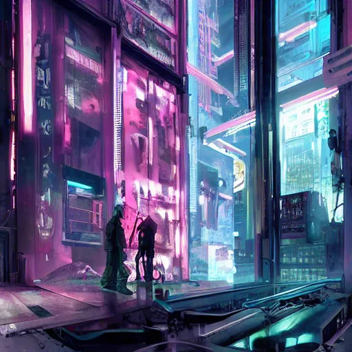 Image similar to cyberpunk inner gallery, iridescent tv repair shops, cybernetic body parts shops, pink noir matte painting by raoul ruiz, yoji shinkawa and esao andrews