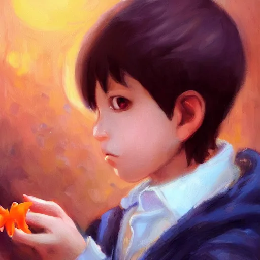 Prompt: Beautiful portrait of a young boy with goldfish eyes, in a romantic romantic setting on a painting by Miyazaki, artstation trending, painterly, 8k