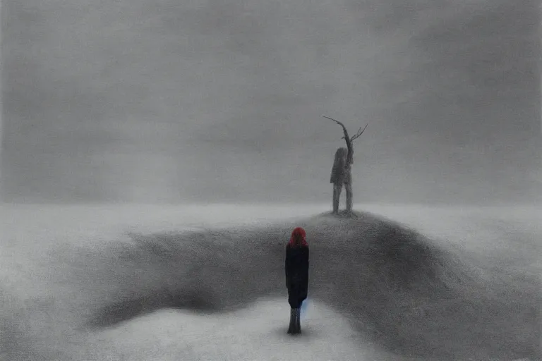 Image similar to a surrealist painting of a lonely woman with pale skin and red hair, standing over pile of bodies in post apocalyptic snowy landscape, painted by zdzisław beksinski