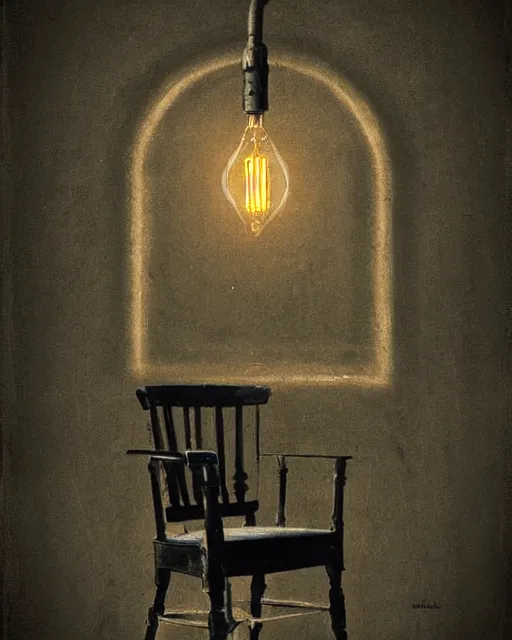 Prompt: painting, chair under an edison bulb in empty black space, black cave lake, cgsociety, steampunk, extreme contrast, sunken in black water, void