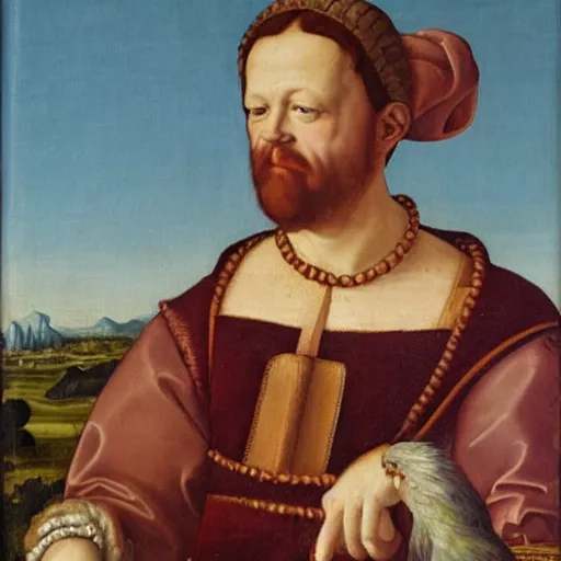 Image similar to a renaissance style portrait painting of human-chicken