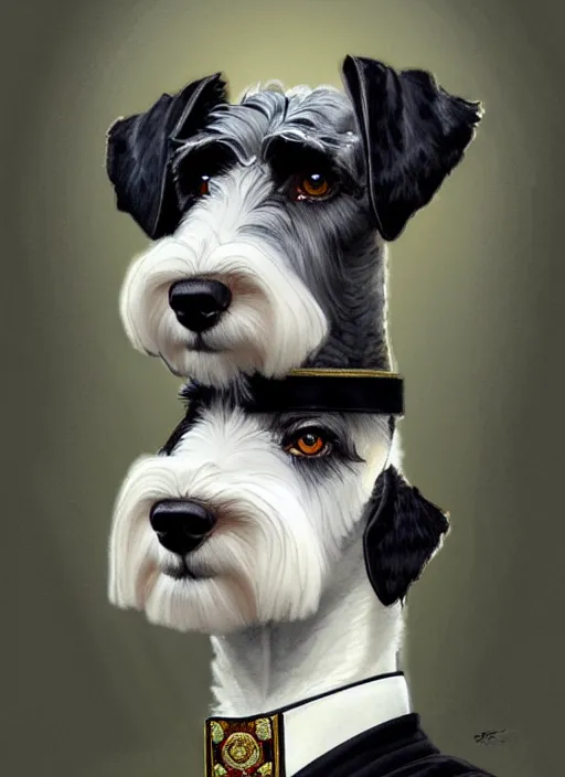 Image similar to portrait of stoic looking miniature schnauzer, military uniform, black fir, white eyebrows, fantasy, intricate, elegant, highly detailed, centered, dark, smokey, digital painting, artstation, concept art, smooth, sharp focus, illustration, art by artgerm and greg rutkowski and alphonse mucha