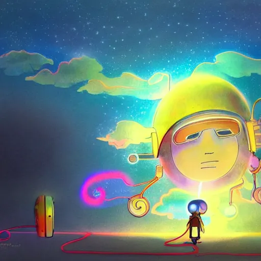 Prompt: a dream machine connected to a boy with a helmet and electric cable with colorfull rays of light illuminate the environment by vanessa morales, studio ghibli,