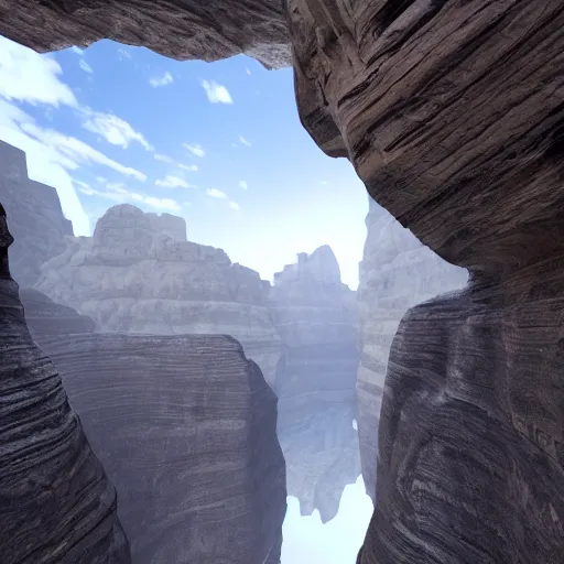 Image similar to canyon in between mountains, unreal engine, high detail, realism, award winning, detailed lighting