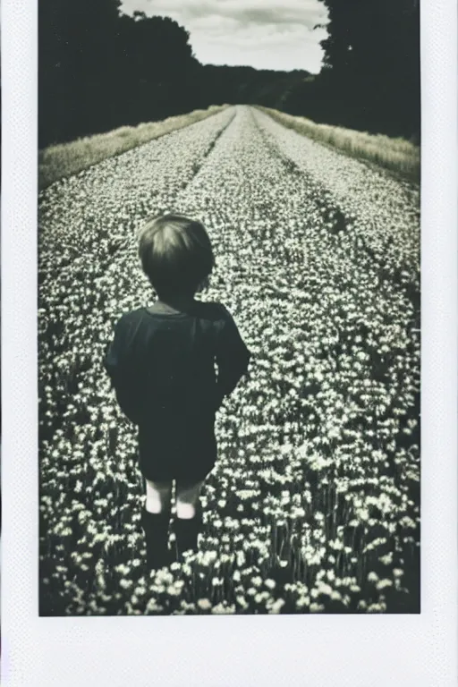 Image similar to photo polaroid of sad and lonely child in the middle of a country road with many flowers in the fields, loneliness, black and white ,photorealistic, 35mm film,