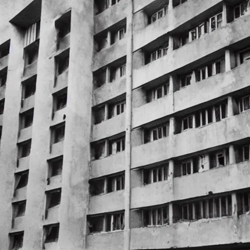 Prompt: brutalist architecture, dormitory complex in soviet russia, analogue photography