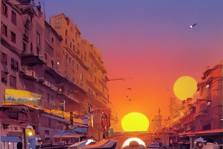 Image similar to bucharest streets sunset by chris foss, artwork, artstation, concept art