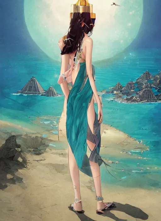 Image similar to lee jin - eun in luxurious dress emerging from turquoise water in egyptian pyramid city during an eclipse by peter mohrbacher, conrad roset, m. k. kaluta, martine johanna, rule of thirds, elegant look, beautiful, chic, face anatomy, cute complexion