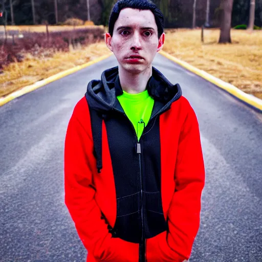 Image similar to a fine art portrait of a young man with black hair and an asymmetrical face. He has visible Bags under his eyes. He is wearing a high vis hoodie. In the style of Stanley Kubrick and Wes Anderson, Art directed by Edward Hopper.