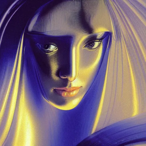 Image similar to a chrome woman's face in flowing sheets of cobalt blue gold chrome silver satin, by moebius syd mead roger dean donato giancola michael whelan yoshitaka amano ivan aivazovsky jan de heem pieter claesz paul delaroche alma tadema aelbert cuyp willem claesz isaac levitan, hyperrealistic volumetric light render