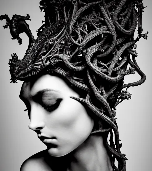 Image similar to dark background, a black and white high quality dreamy photo of a young beautiful female queen-vegetal-dragon-cyborg bust with a very long neck and delicate Mandelbrot fractal face, anatomical, facial muscles, veins, arteries, elegant, highly detailed, flesh highly baroque ornate, hair are curled wired cables, elegant, poetic, dreamy, mysterious, high fashion, rim light, in the style of Ellen von Unwerth, Realistic, Refined, Digital Art, Highly Detailed, Cinematic Lighting, rim light, black and white, photo-realistic, 8K