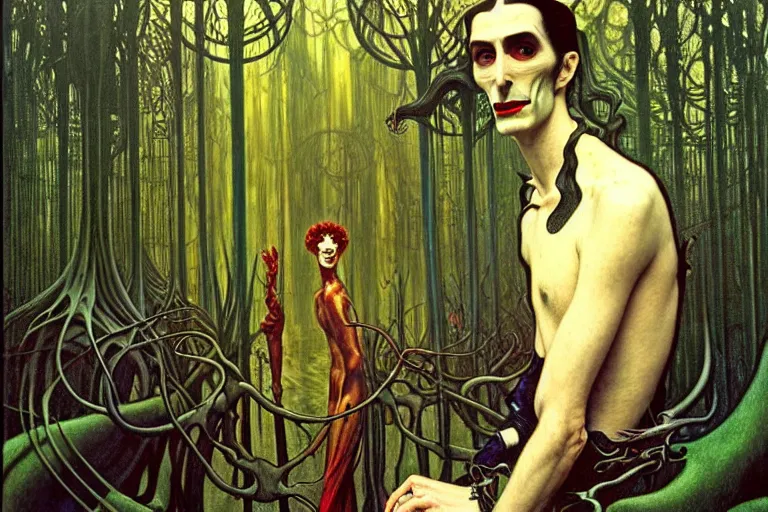 Image similar to realistic extremely detailed portrait painting of an elegantly creepy vampire man dressed as dracula, futuristic sci-fi forest on background by Jean Delville, Amano, Yves Tanguy, Alphonse Mucha, Ernst Haeckel, Edward Robert Hughes, Roger Dean, rich moody colours