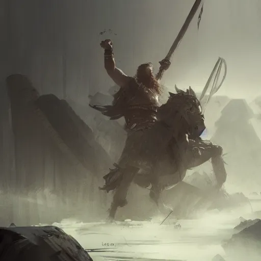 Prompt: viking fighting against a giant in the style of craig mullins, ruan jia, kentaro miura, greg rutkowski, loundraw