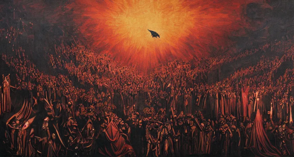 Image similar to dante's inferno painting, with people in black hooded tunic like in the film eyes wide shut of stanley kubrick, illuminati symbol, crows, skeletons, crosses, wings characters 8 k symmetrical, unreal engine, highly detailed, hd environment, maxon cinema 4 d, 8 k rendering, dark beauty, rotten gold, perfect faces