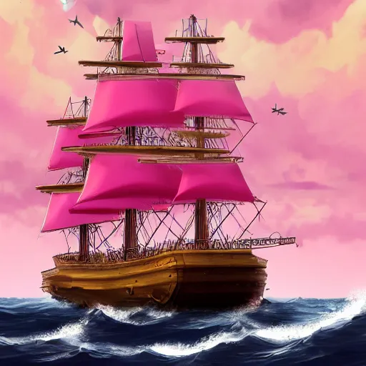 Prompt: pink-painted galleon ship sailing through a storm, rough seas, lightning, video game concept art, trending on artstation