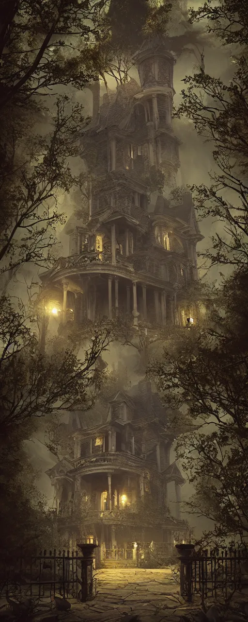 Image similar to A haunted Mansion in the middle of the woods at night during the Lunar Eclipse, evil, demonic, enchanting, angelic, flowers, nature, city, symmetry, environment concept, cinematic, Rendered in Octane, trending on artstation, cgsociety, moody lighting rendered by octane engine, environment 8K artstation, cinematic lighting, intricate details, 8k detail post processing, hyperealistic, octane render, photo realism, visually inspired by Stephen King