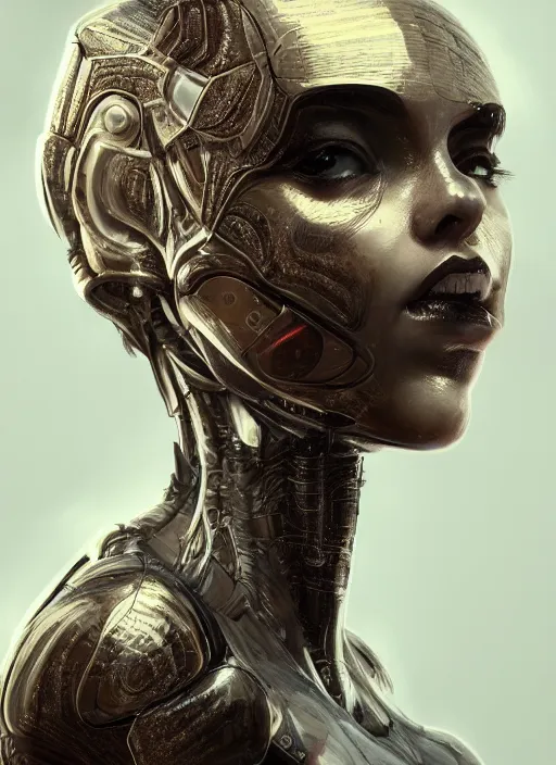 Image similar to beautiful portrait of an alien cyborg, style of Feng Zhu, Artstation geometric, aesthetic, big eyes, smooth skin, gothic make up, unique features, symmetrical, intricate crown, high fashion, streetwear, cyberpunk, detailed, octane render, cinematic, 8k, brown skin, retro sci fi film,