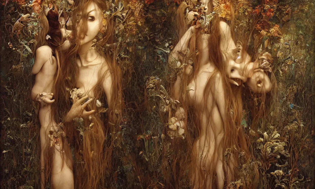 Image similar to a portrait of a beautiful female mannequin, a jointed wooden doll with long flowing hair, holding each other, big moths, big lilies, by James C. Christensen, by Tomasz Alen Kopera, by Karol Bak