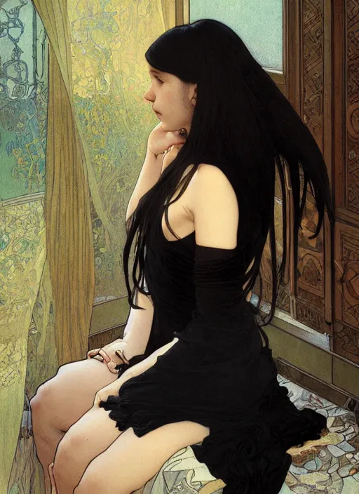 Image similar to a lonely young girl with straight long black hair wearing black dress that sitting on bathroom floor, art by artgem, greg rutkowski and alphonse mucha