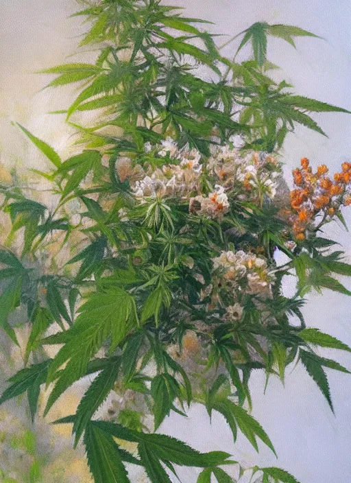 Image similar to oil painting by anders zorn, nature, bush, marijuana flowers, cannabis leaves with backlight