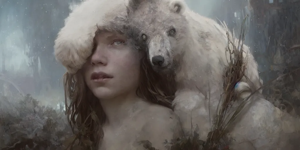 Prompt: young girl, afraid of a polar bear in the background, art of elysium by jeremy mann and alphonse mucha, fantasy art, photo realistic, dynamic lighting, artstation, poster, volumetric lighting, very detailed face, 8 k, award winning