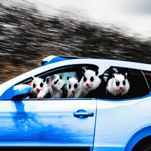 Prompt: sports photography, rally, white hamster piloting a blue qashqai travelling on the road with open windows