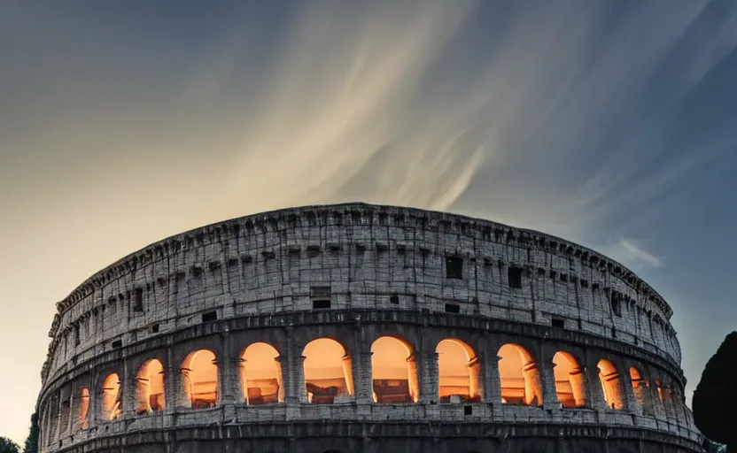 Prompt: a ufo flying saucer in the sky attack colosseum in rome at sunset, foggy volumetric light, a beam of light from the ufo, cinematic trending on artstation