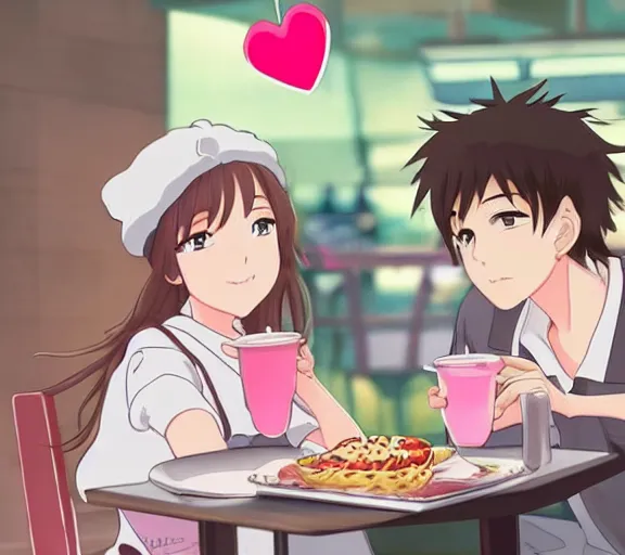 Prompt: A girl and her boyfriend are eating at a fast food restaurant, there are pink hearts around their heads, anime art, hd, smooth, elegant, Studio Ghibli