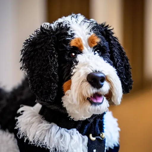 Image similar to a closeup photorealistic photograph of a cute smiling knitted bernedoodle judge dog dressed in a black gown, presiding over the courthouse. indoor image, professional capture, well lit shot. this 4 k hd image is trending on artstation, featured on behance, well - rendered, extra crisp, features intricate detail, epic composition and the style of unreal engine.