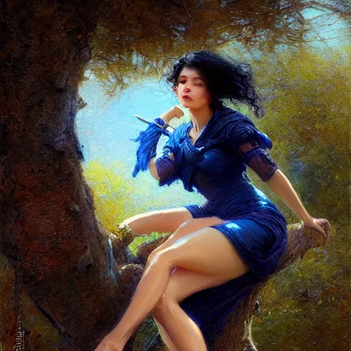 Prompt: portrait of a strong woman resting on a large tree, short black hair, decorative dark blue clothing, bare legs sharp focus, ultra realistic digital painting, colorful, cinematic lighting, high fantasy, intricate, highly detailed, smooth, elegant, gaston bussiere, bayard wu, greg rutkowski
