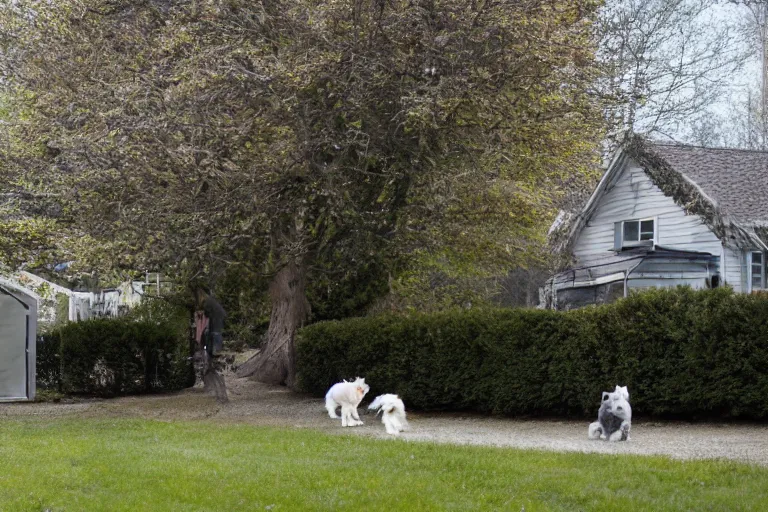 Image similar to the sour, dour, angry lady is walking her three tiny white dogs on leashes outside her green house. the old lady, glaring at the camera, exudes unpleasantness. the old lady shuffles around, looking down. she has gray hair. she is wearing a long gray cardigan and dark pants. large norway maple tree in foreground.